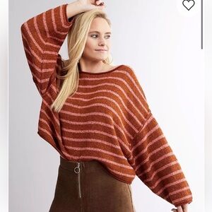Cozy Off-the-Shoulder Striped Sweater - Rust Pink